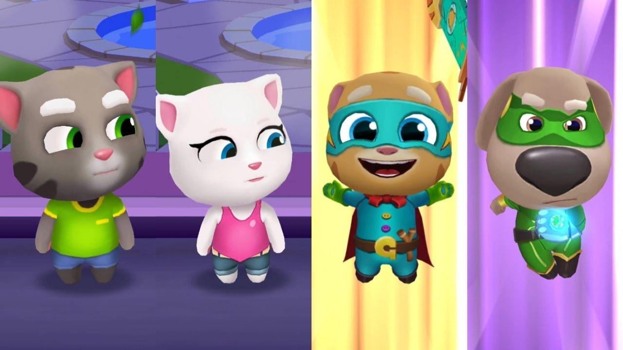 Talking Tom Gold Run Vs Hero Dash - Ben Vs Tom Vs Ginger Vs Angela Chasing Rakoon In Las Vegas Skies