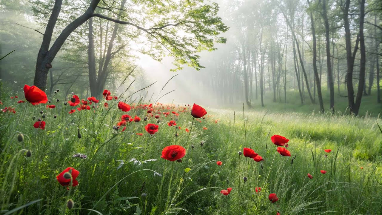 Wild poppies in a woodland  on a spring morning with bird song