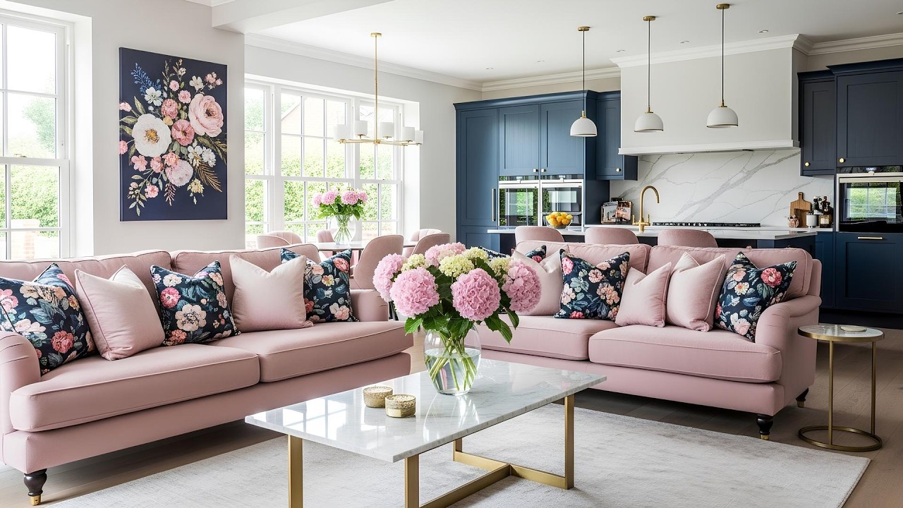 Bright Open Plan Living Room With Pink Sofa, Floral Pillows and Modern Navy Kitchen