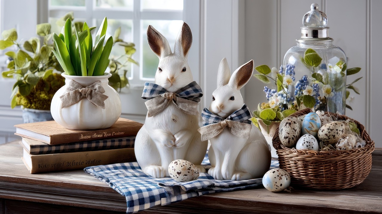Elegant Spring Farmhouse Decor 🌷 Gingham Easter Ideas with Bunnies & Pastel Eggs