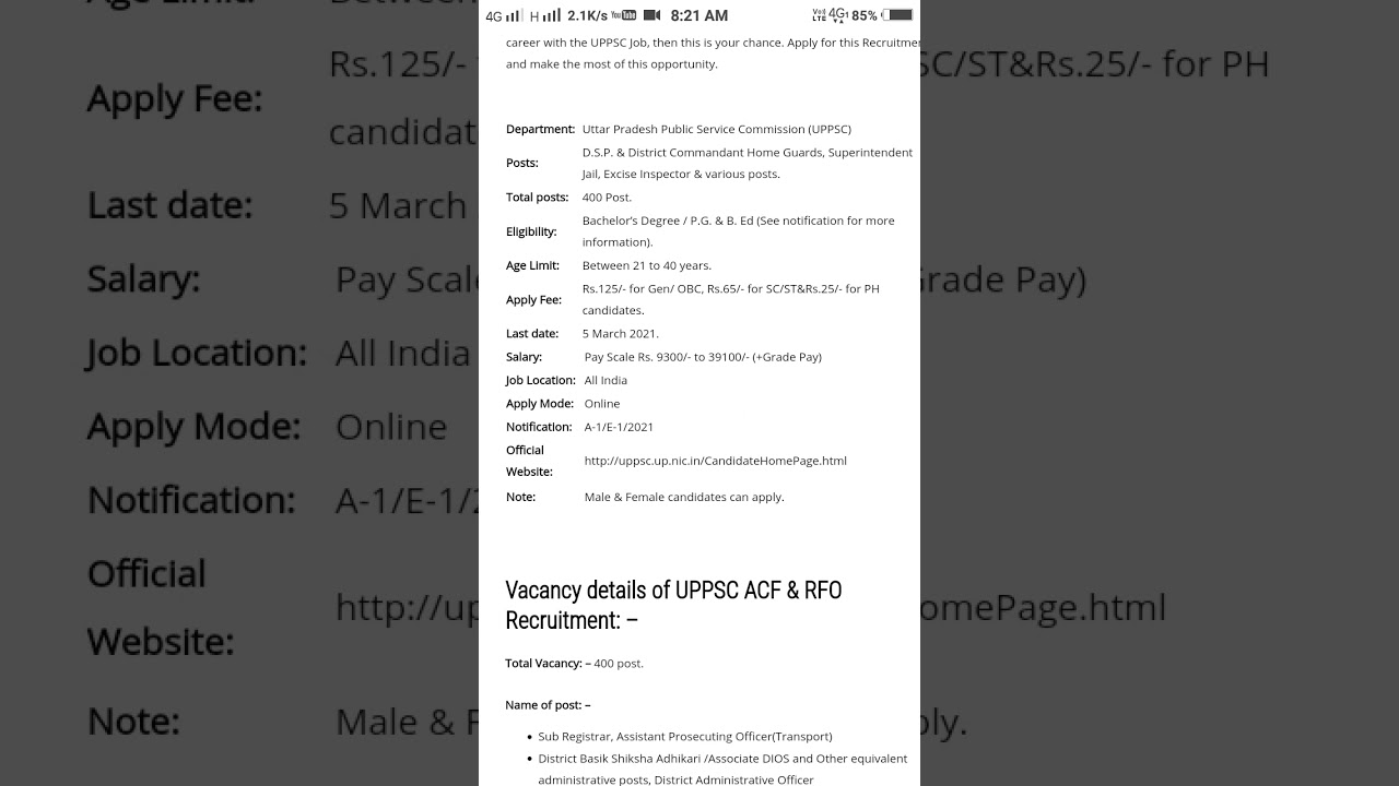 UPPSC (PCS Exam) Recruitment for 400 ACF & RFO Vacancy:&nbsp;2021