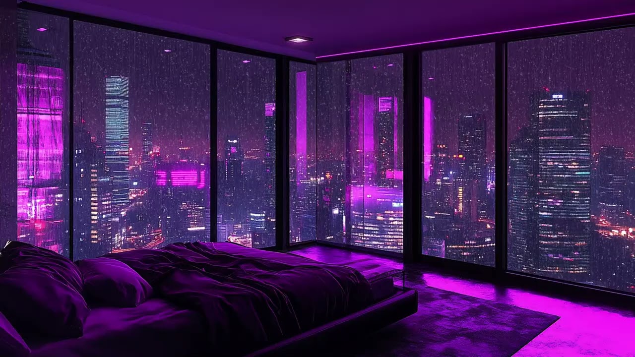 Rain Sounds on Glass Windows | Cozy Skyline Bedroom Above the City Lights | Deep Sleep Ambience