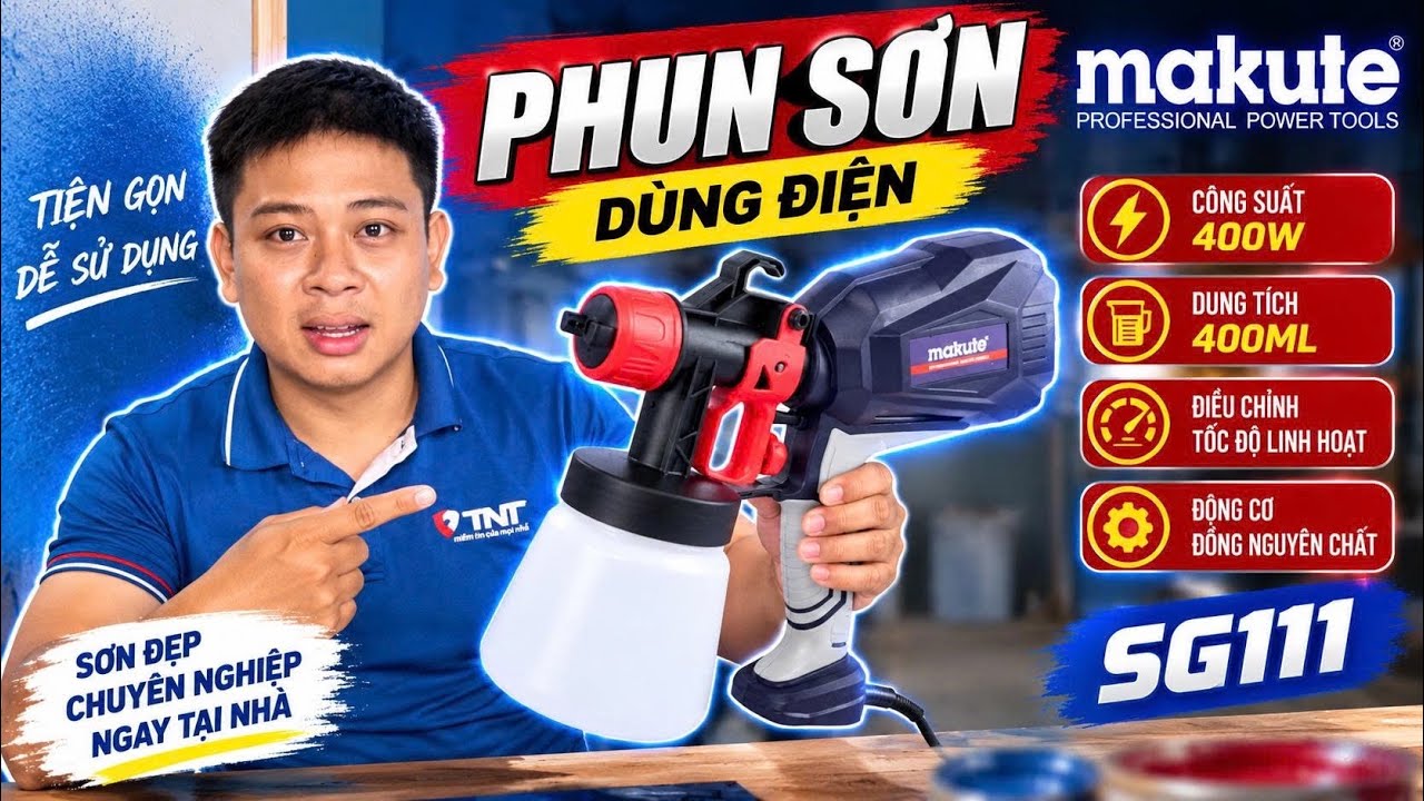 Máy phun sơn SG111 MAKUTE 400W - Thể Tích 900ml - 80din/giây dành cho AE thợ SƠN NƯỚC , SƠN DẦU - PU