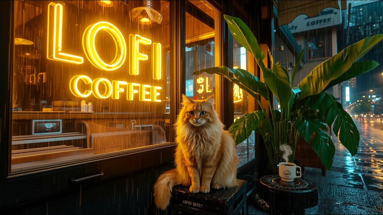 Lofi Coffee ☕️ Rainy Night &Cozy Cat 🐱8HOURS of Chill Lo-fi Hip Hop to Study/Sleep/Relax🎧NightWindow