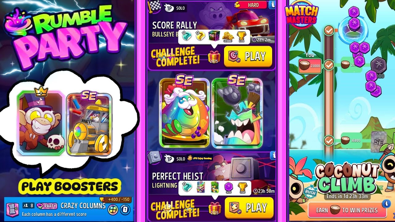 Coconut Climb Complete/2 Solo/ (HARD) Bullseye Bash+Rainbow/ Lightning Strike/ Rumble Party Today 