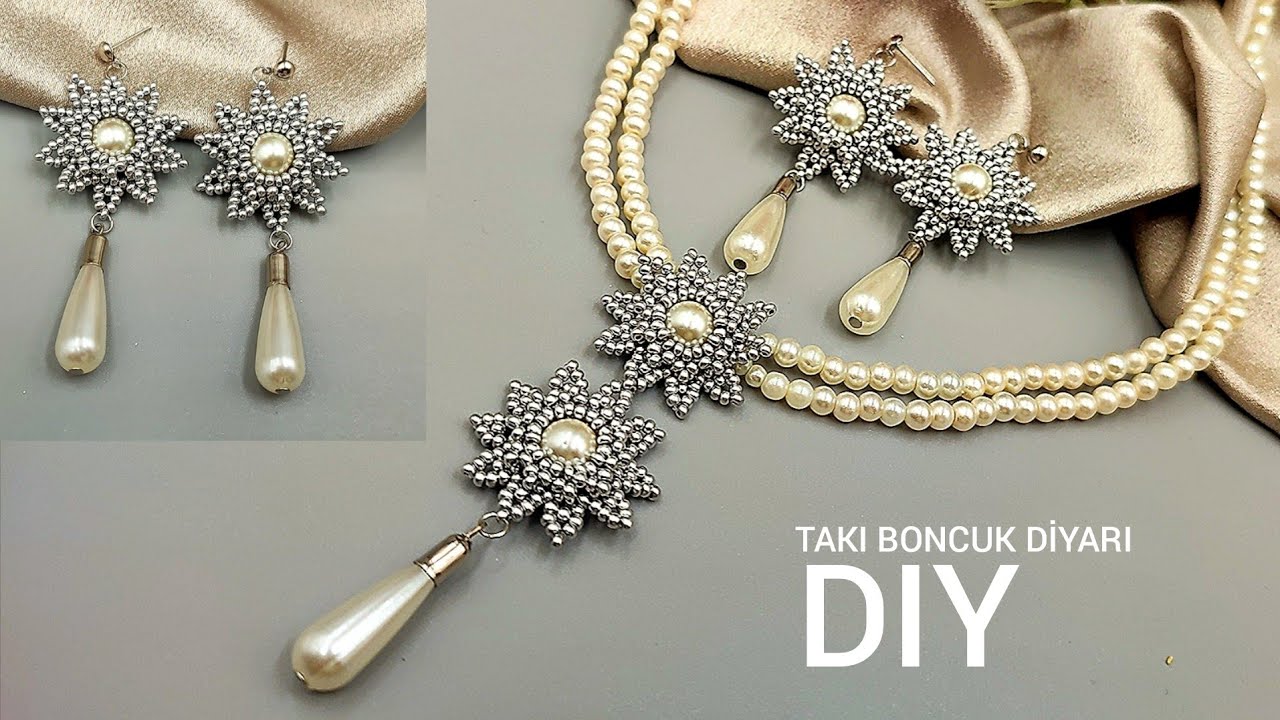 Pearl necklace and Earrings. Easy to make beaded Necklace & Earrings.İnci kolye & küpe yapımı.#diy