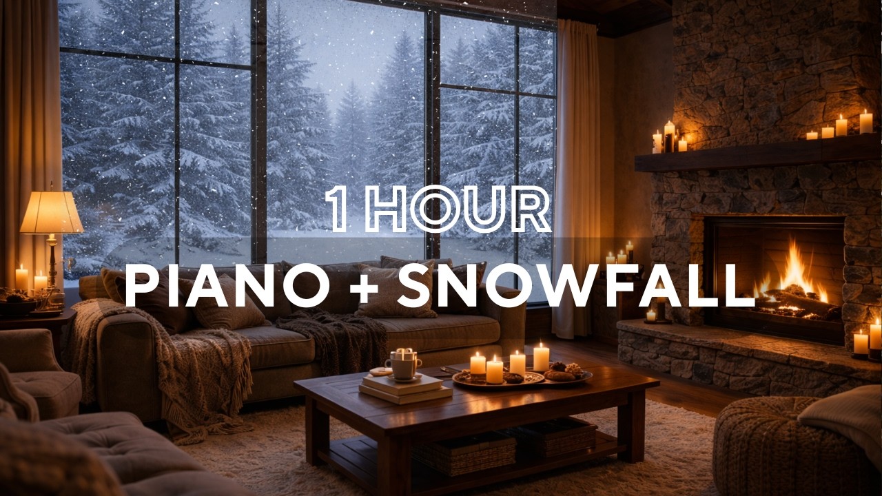 Calming Snowfall & Fireplace | Soft Piano | Background Ambience Music | Focus, Relax, Recharge