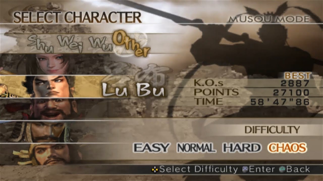 Dynasty Warriors 5 musou mode Lu Bu CHAOS Difficulty