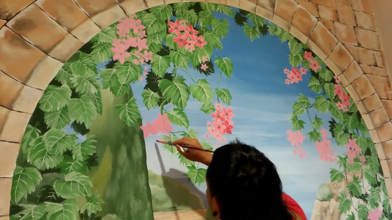 Menyulap dinding tangga dengan Mural Pemandangan dan Bunga-bunga cantik.Mural Art.Mural 3D.