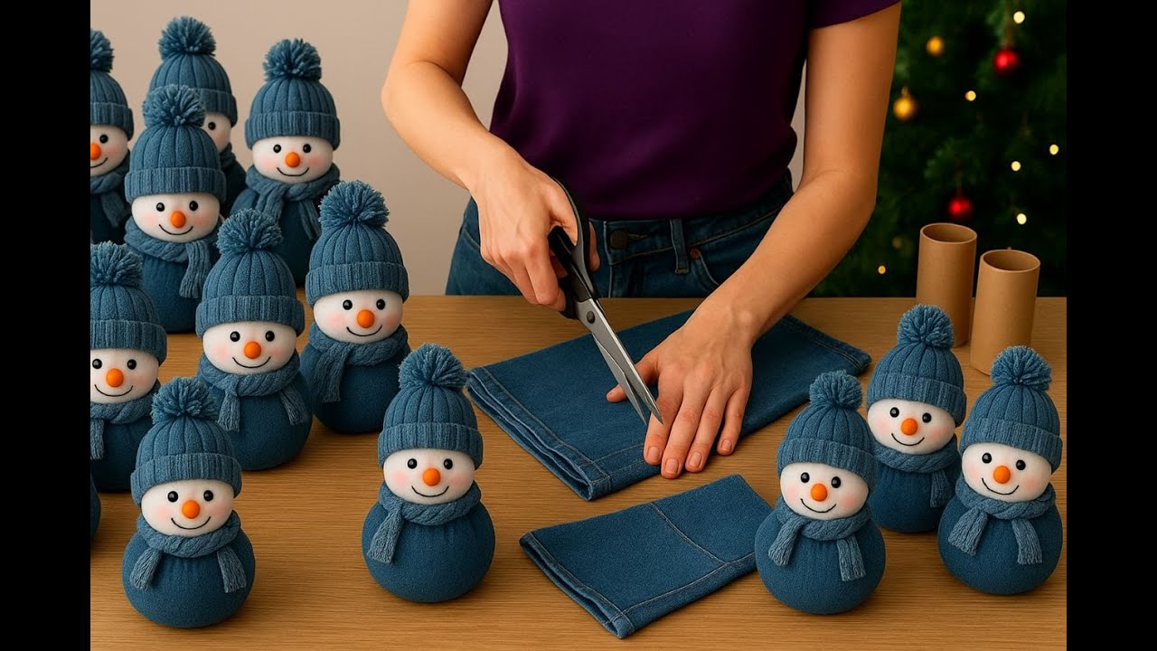 Turning old jeans and cardboard rolls in to diy snowman⛄dolls,no sewing machine needed super easy❄️💞