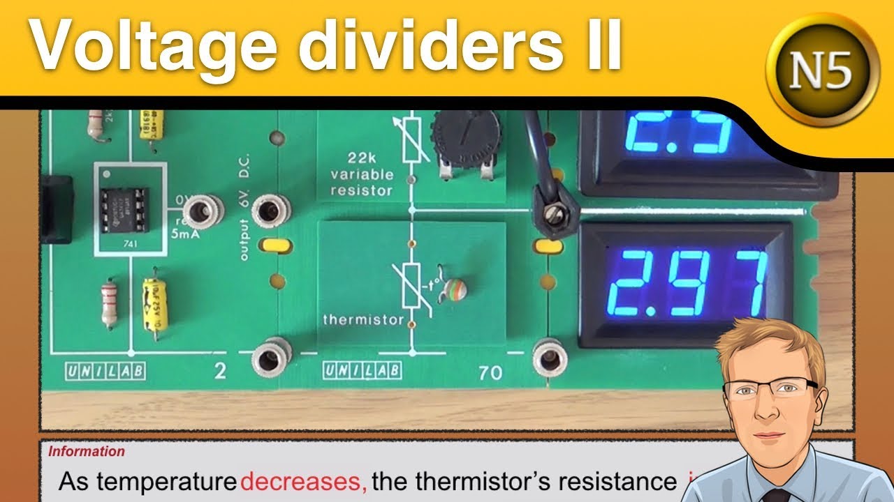 Voltage dividers with thermistor, LDR, switch, variable resistor & capacitor (National 5 Physics)