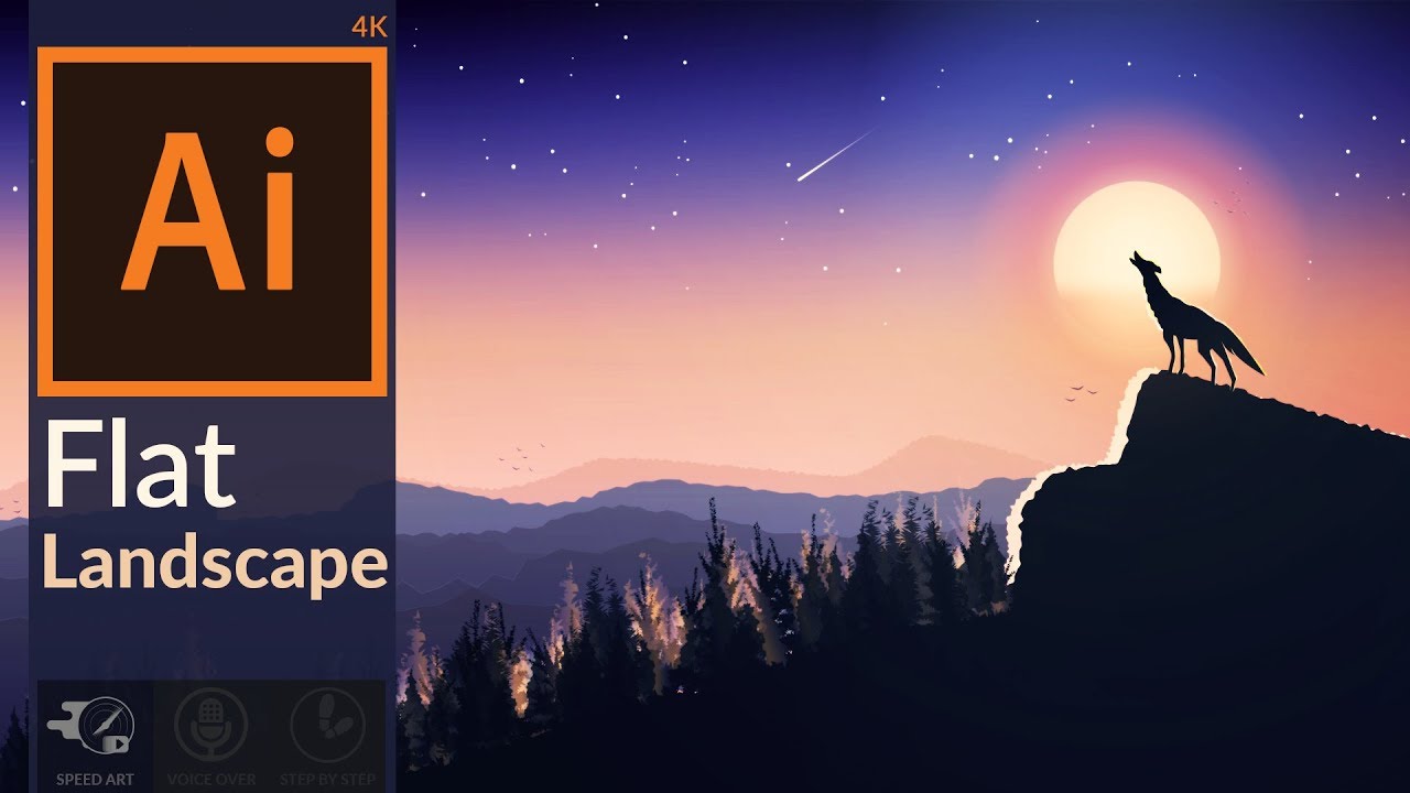 Drawing Flat Mountain Landscape with Animal howling Silhouette - Dusk lighting in adobe illustrator