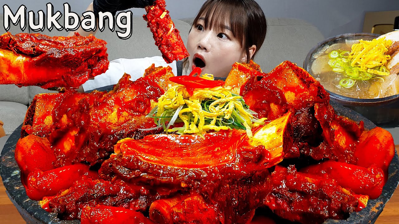 Sub)Real Mukbang- Острые тушеные ребрышки 🔥 Суп из ребрышек 🍖 (Гальби Чим) Лапша🍜 КОРЕЙСКАЯ ЕДА АСМР