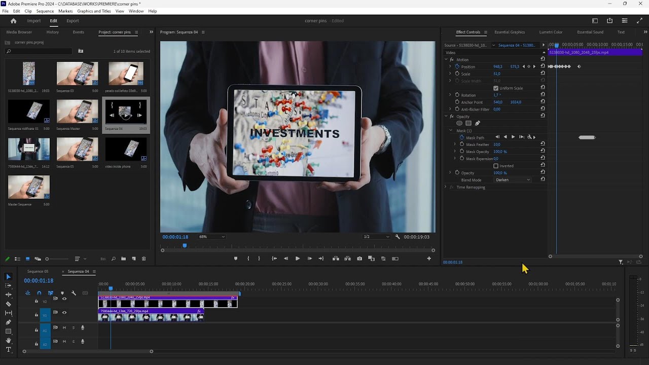 Videoguide - Videomontage With Corner Pins Effect in Premiere Pro, Cutout Mask, Camera Tracking