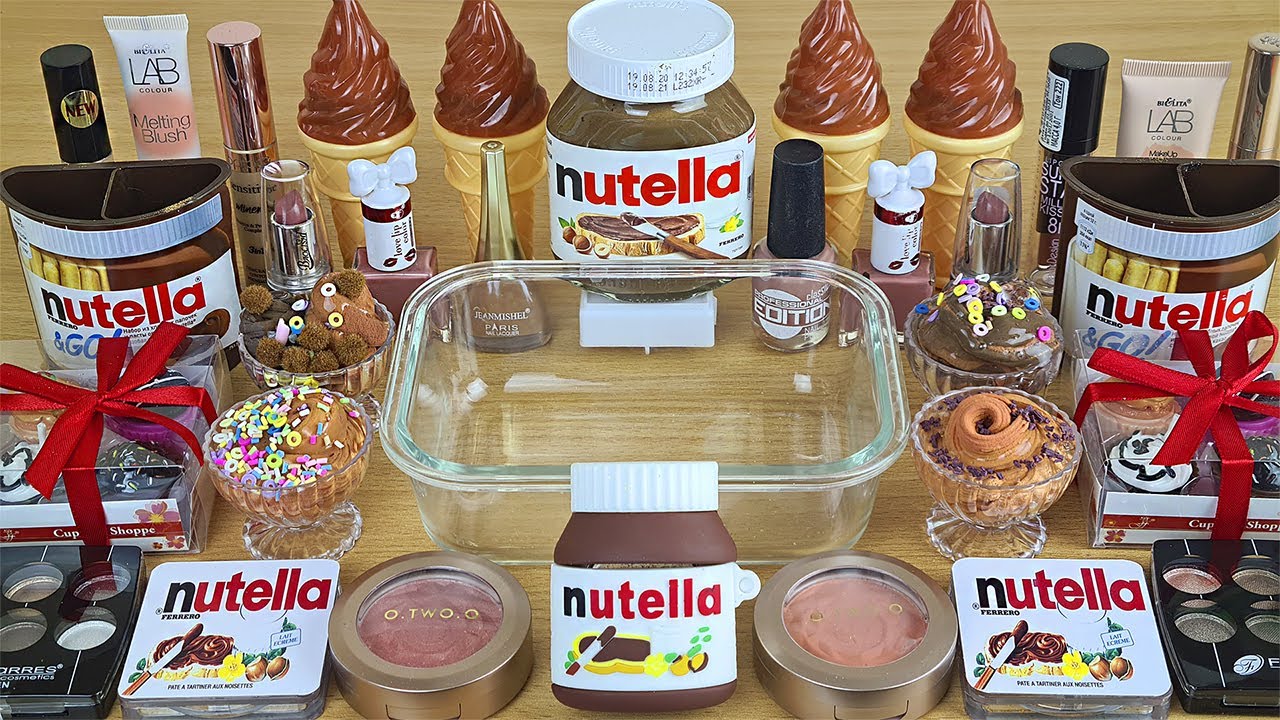 NUTELLA SLIME | Mixing makeup and glitter into Clear Slime | Satisfying Slime Videos 1080p