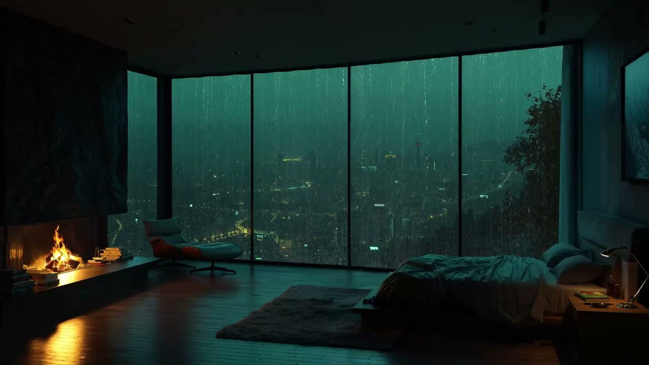 Relaxing Rainfall and Fireplace Ambience | Calm City Night for Sleep & Focus