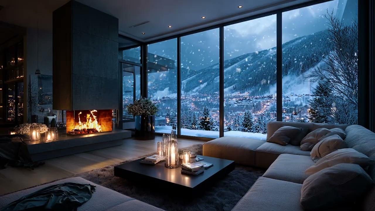 Cold Snow Wind and Warm Fireplace Ambience for Long Winter Sleep and Mental Relaxation