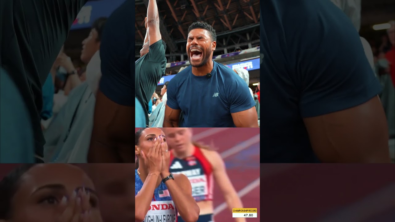Andre Levrone reacts to Sydney McLaughlin-Levrone's 47.78 championship record 🔥 #usa #reaction