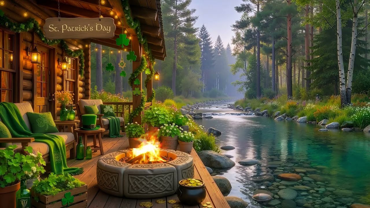 Relaxing St. Patrick’s Day Cabin Porch Ambience 🍀🔥 Gentle Fireplace & Nature Lake Relaxation