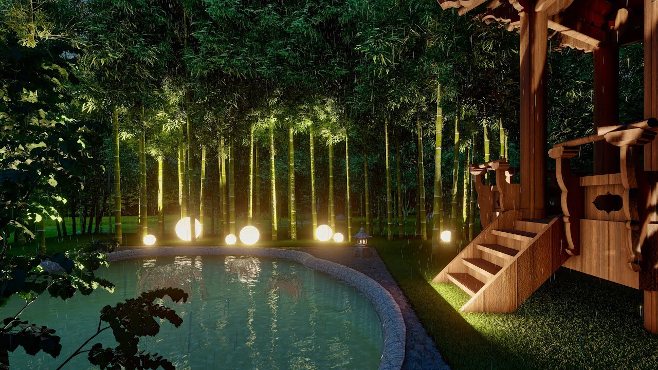 Night Bath Ambience | Bamboo Forest Hot Spring in the Rain for Sleep