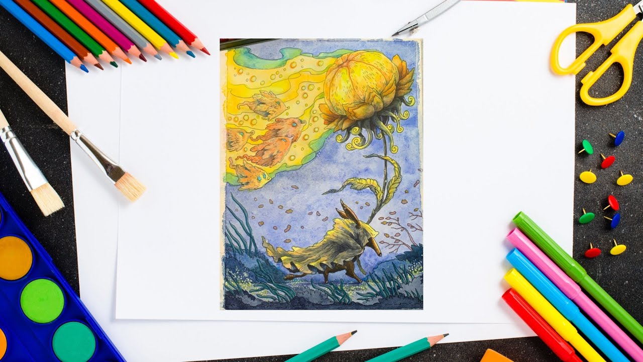 Coloring picture from Vintage Coloring Book 5. Mixed technic, watercolor, markers and pencils.