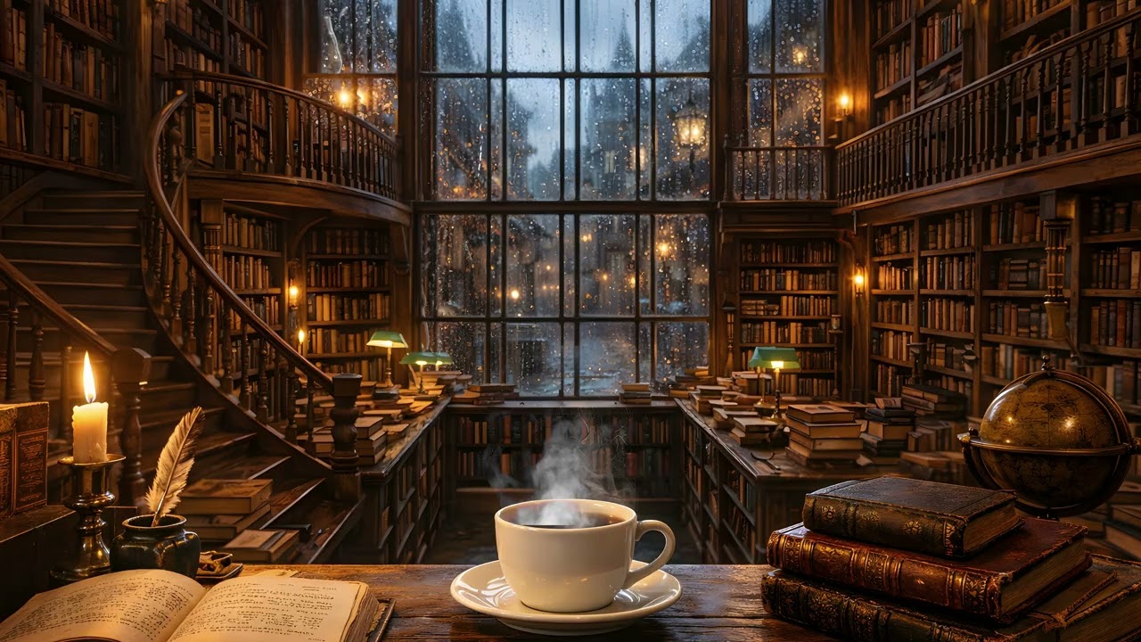 Magical Rainy Library in Diagon Alley Café Ambience | Cozy Reading & Light Rain