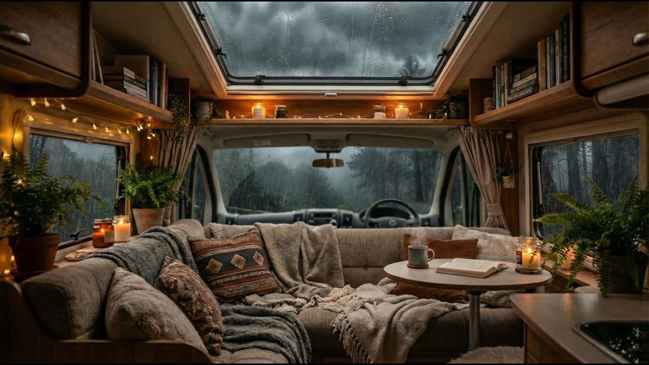 Rainy Night in a Forest Camper Van 🚐 Relaxing Rain Sounds on Glass for Deep Sleeping