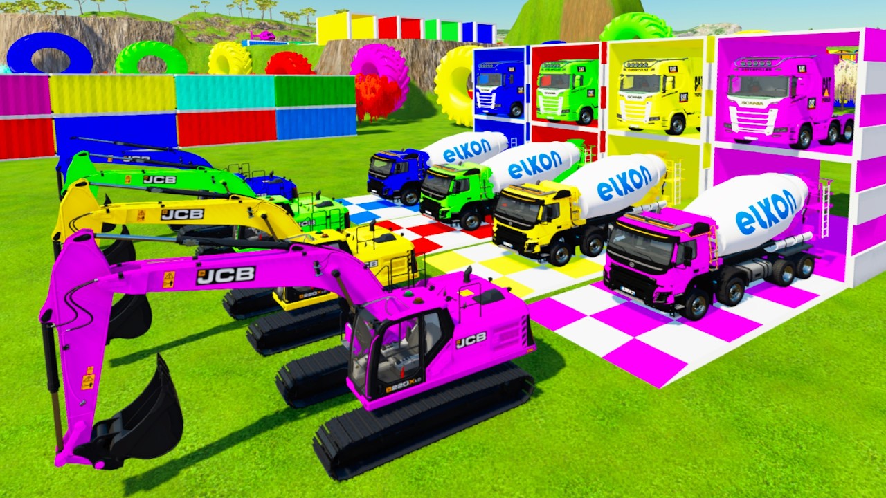 Truxks With Colors - COLORFUL JCB EXCAVATOR, VOLVO ELKON MIXER TRUCK TRANSPORTING WITH SCANIA TRUCKS