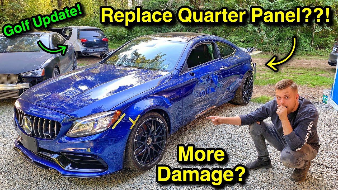 Rebuilding a WRECKED 2019 Mercedes C63AMG From COPART! (Part 2) Golf R Gets PRIMER! 1000$ GIVEAWAY!!