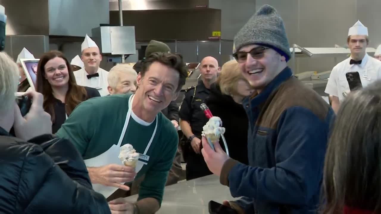Hugh Jackman serves frozen custard in Milwaukee