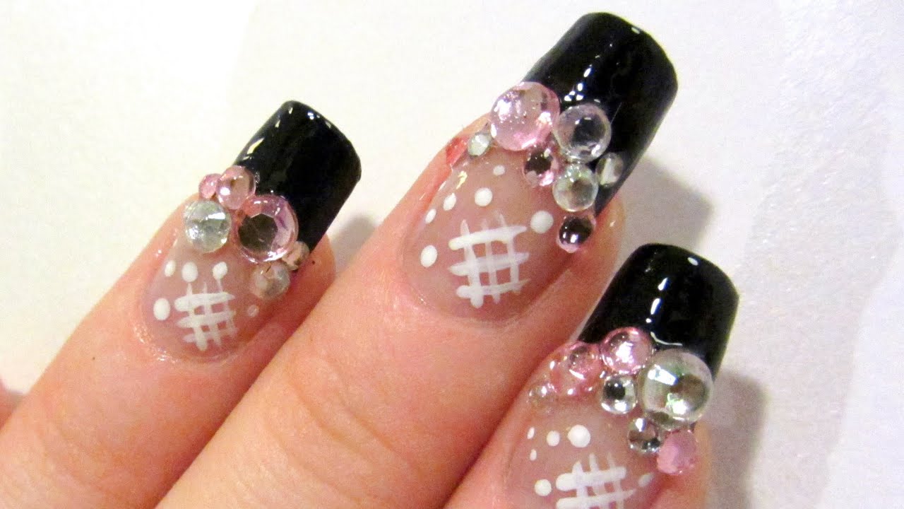 Japanese Style Rhinestone Design in Pink, Silver and Black Nail Art Tutorial