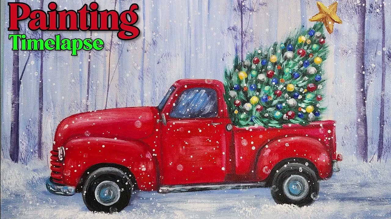 Red Truck with Christmas Tree Painting Time Lapse