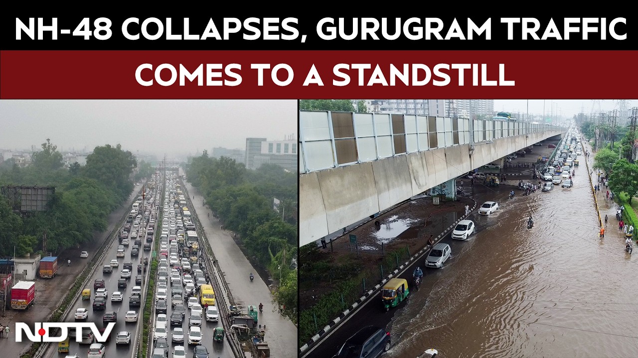 Delhi-NCR Rain News | NH-48 Caves In After Heavy Rain in Gurugram; Traffic Disrupted