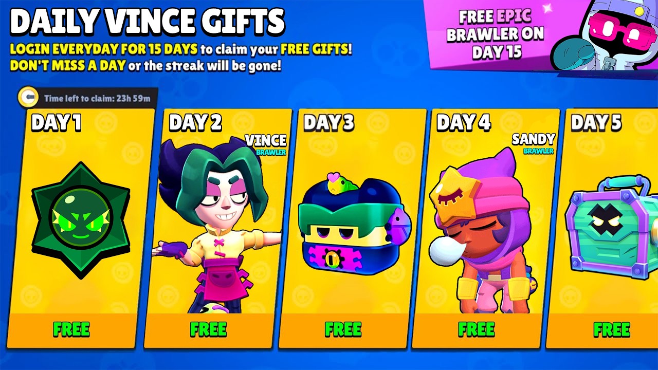 DAILY VINCE FREE GIFTS!!!🎁🎁🎁 - Brawl Stars rewards