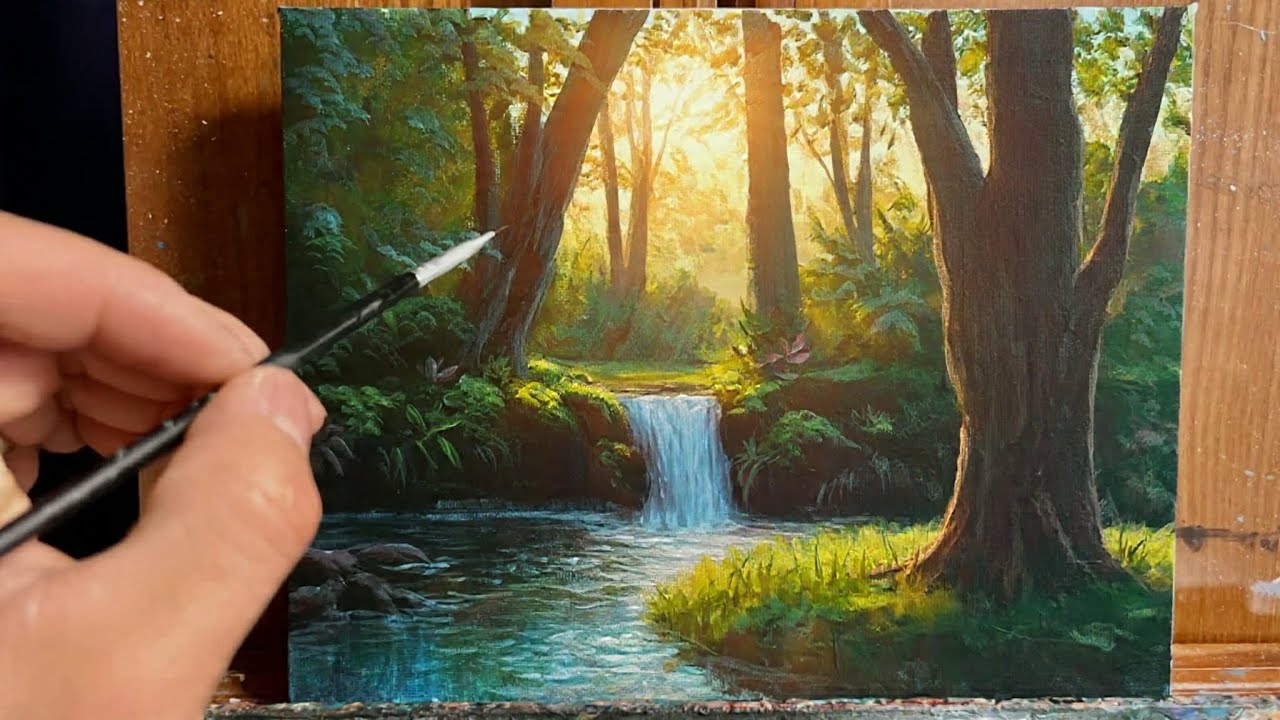 Forest Painting waterfall landscape with acrylics/ relaxing video 