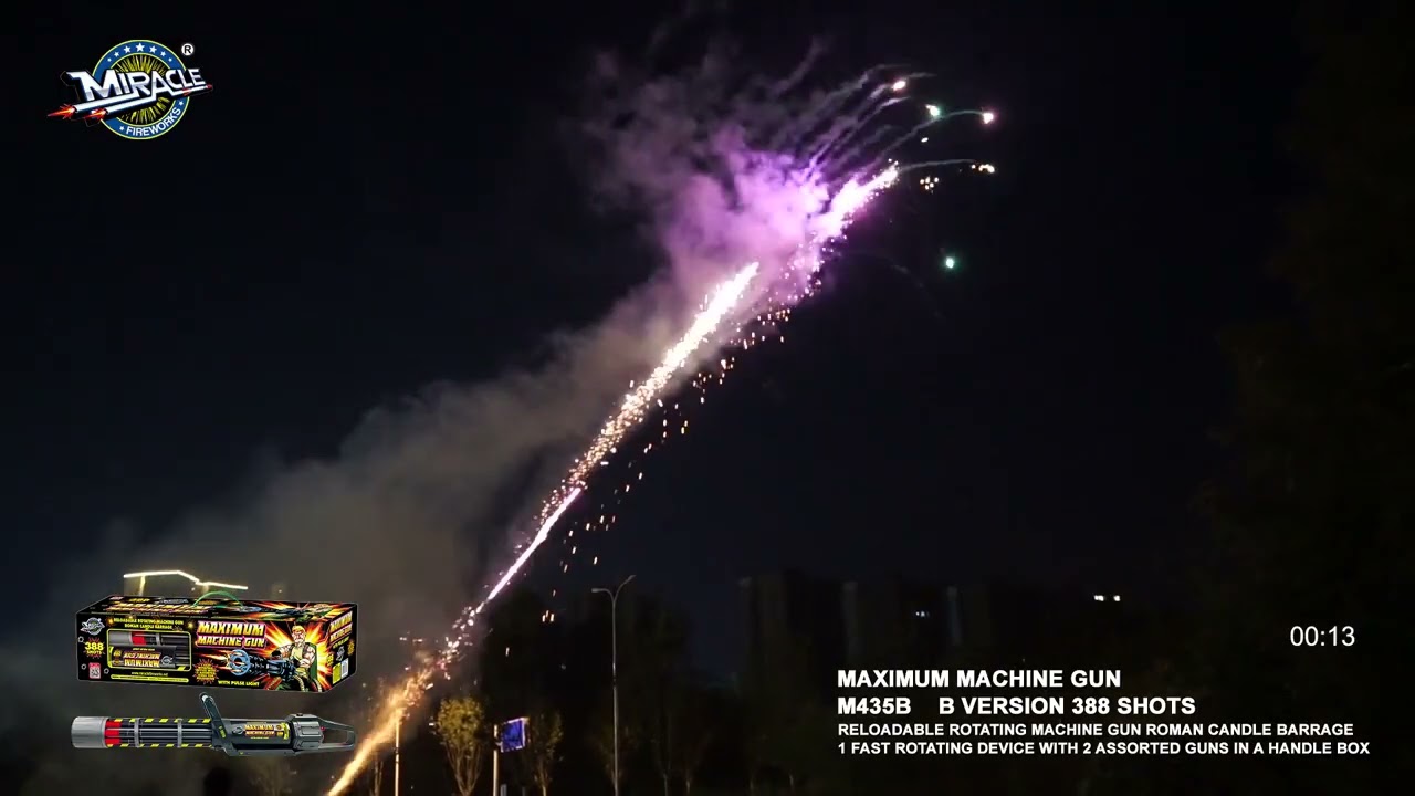 MAXIMUM MACHINE GUN RELOADABLE ROTATING MACHINE GUN ROMAN CANDLE BARRAGE 388'S M435