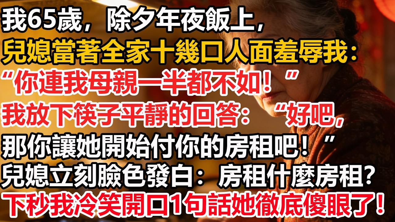 我65歲，除夕年夜飯上，兒媳當著全家十幾口人面羞辱我：“你連我母親一半都不如！”我放下筷子平靜的回答：“好吧那你讓她開始付你的房租吧！”兒媳立刻臉色發白：房租什麼房租？下秒我冷笑開口1句話她徹底傻眼了