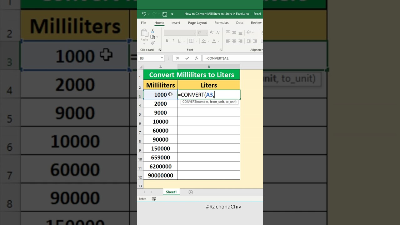 How to Convert Milliliters(mL) to Liters(L) in Excel #excel #shorts
