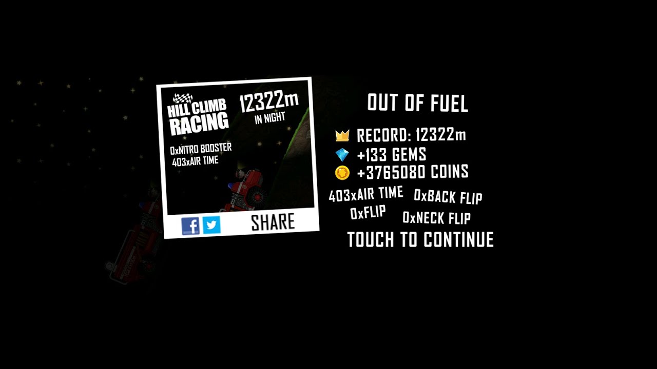 Hill Climb Racing 1.62.3 (500 fps): Fire Truck + Night 12322m (full run)