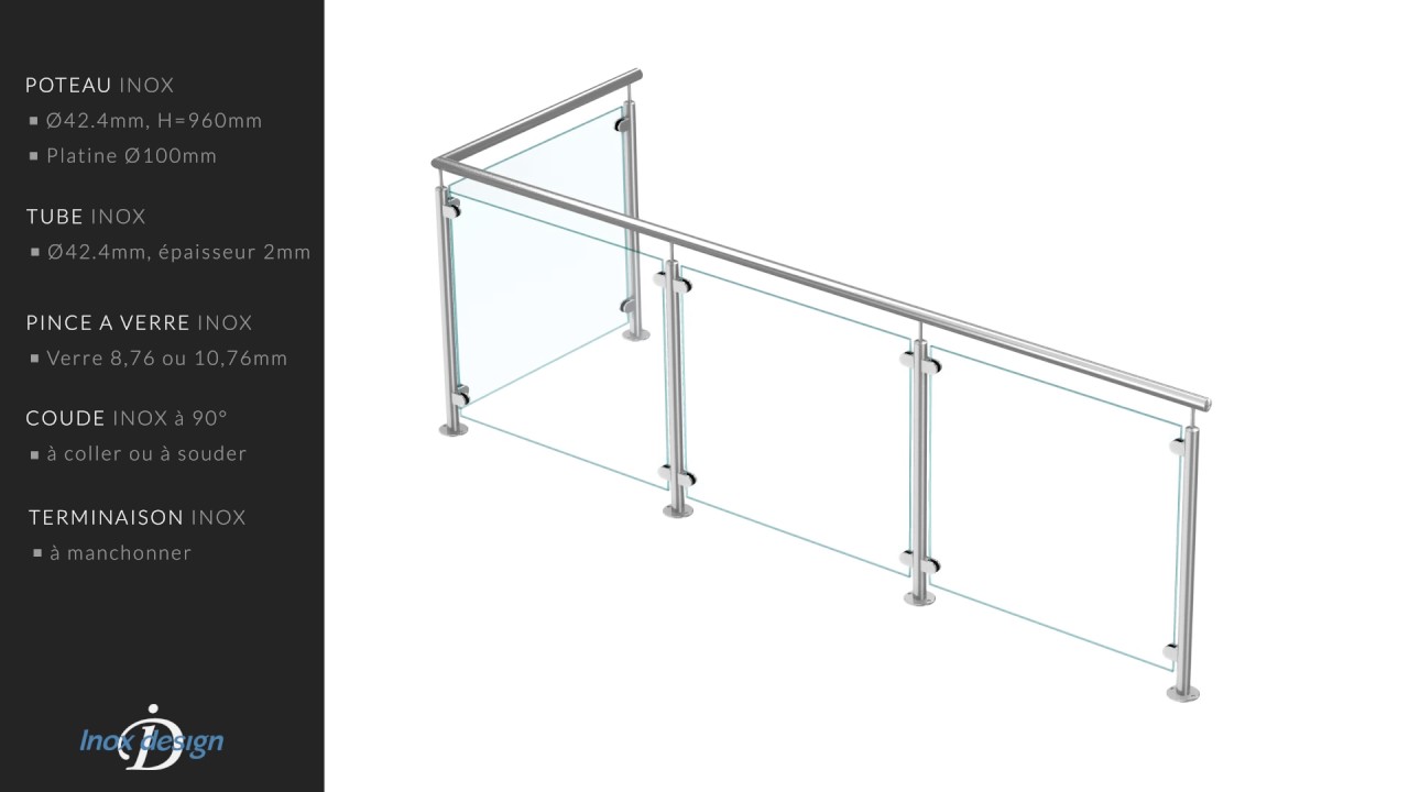 garde-corps verre - kit Balustrade en L 1mx3m pose au sol