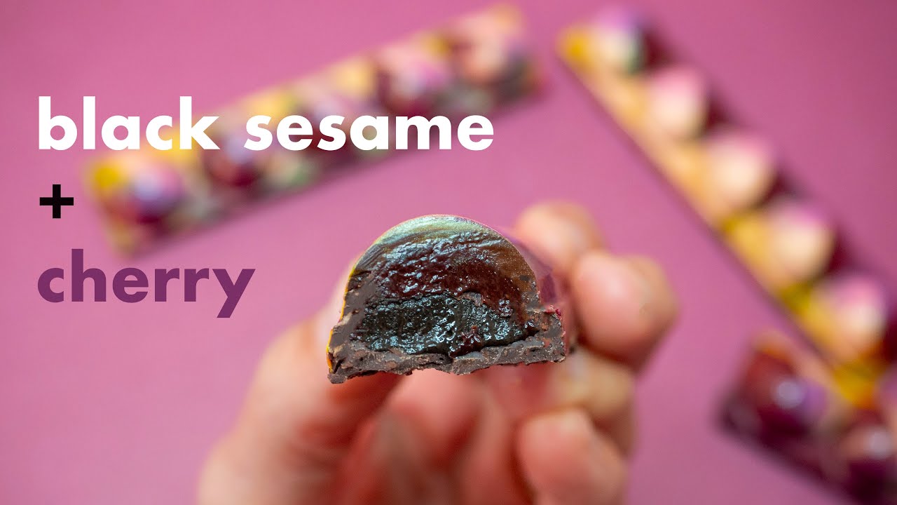 Decadent Filled Chocolate Bar: Cherry Caramel & Black Sesame Praline Chocolate Bar Recipe