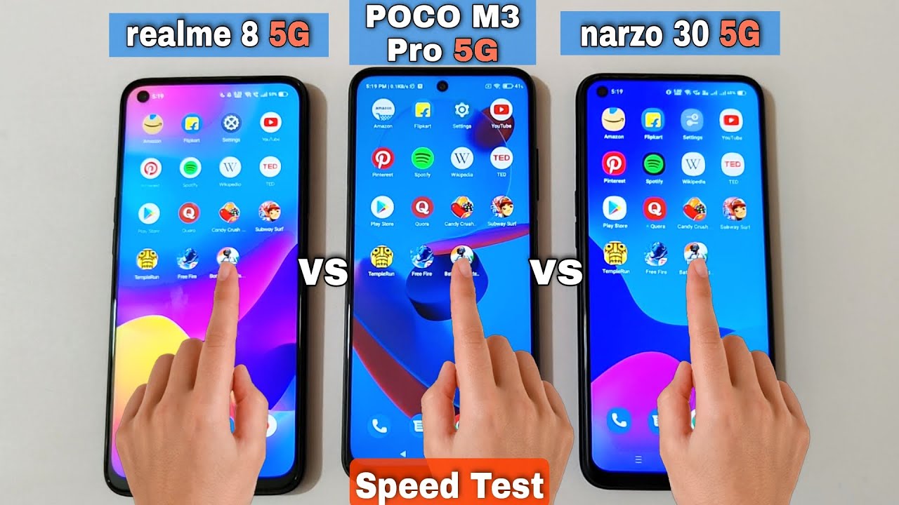 realme 8 5G vs POCO M3 Pro 5G vs realme narzo 30 5G Speed Test