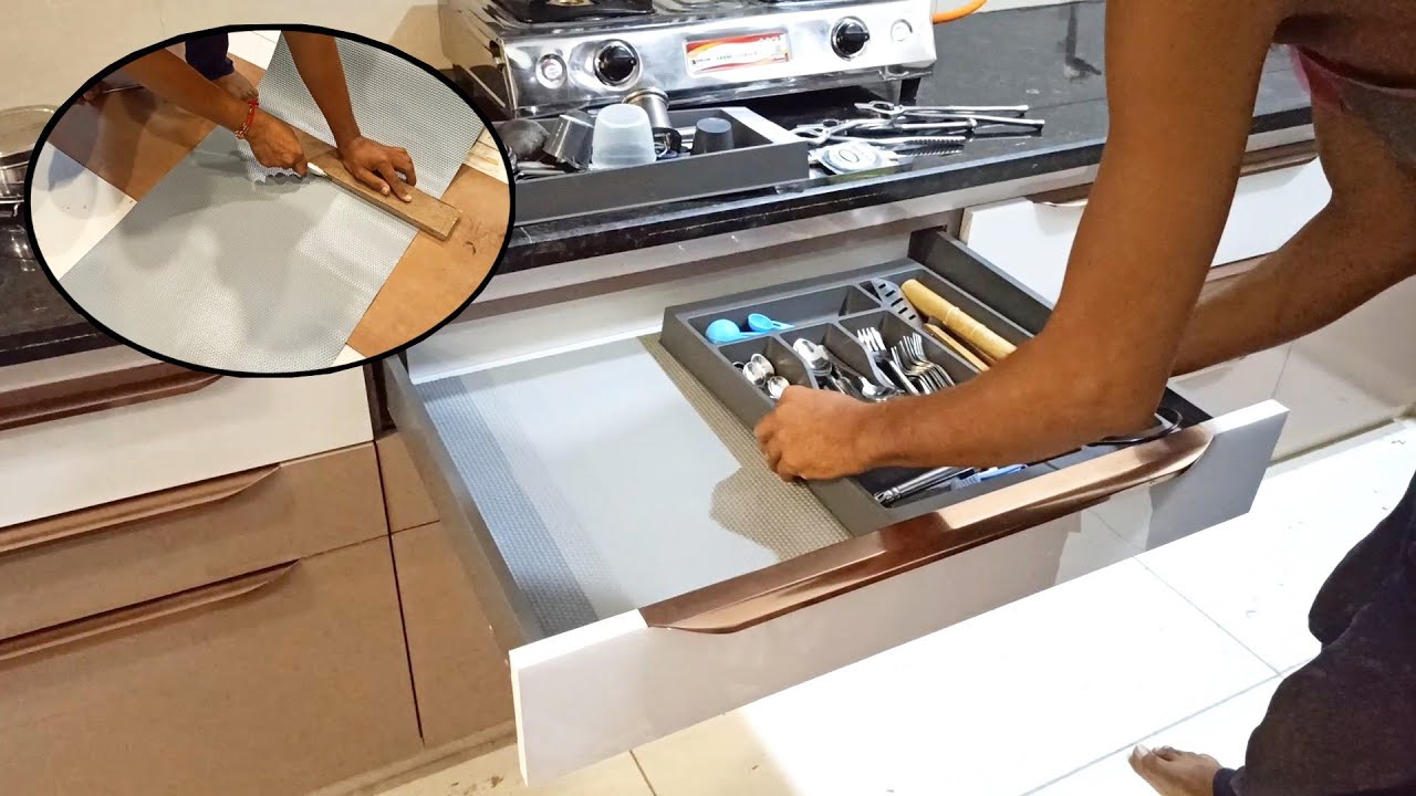 Modular kitchen drawer Anti slip matt sheet कैसे लगाया जाता है । modular kitchen drawer cabinets