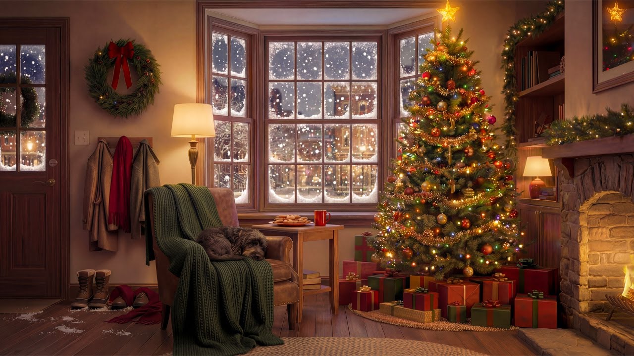 Warm Cozy Christmas Night | Fireplace, Snow & Soft Jazz | 8 Hours