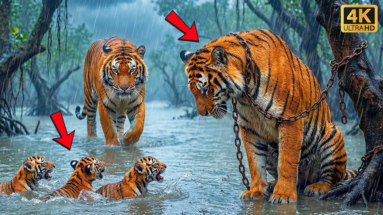 TIGRE RESCATÓ a otro TIGRE ENCADENADO con crías bajo la LLUVIA — Lo que PASÓ IMPACTÓ