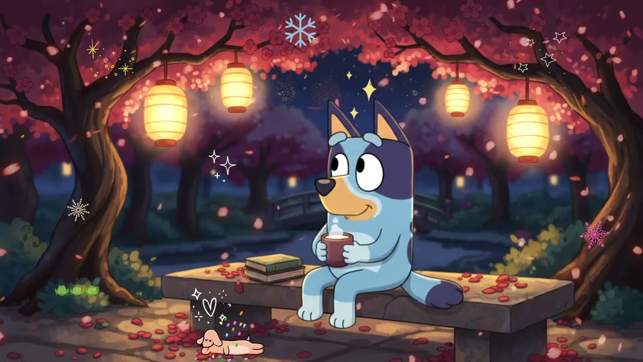 Bluey Cozy Spring Night 🌸 Lantern Lights, Falling Cherry Blossoms & Warm Lofi Beats for Calm Souls