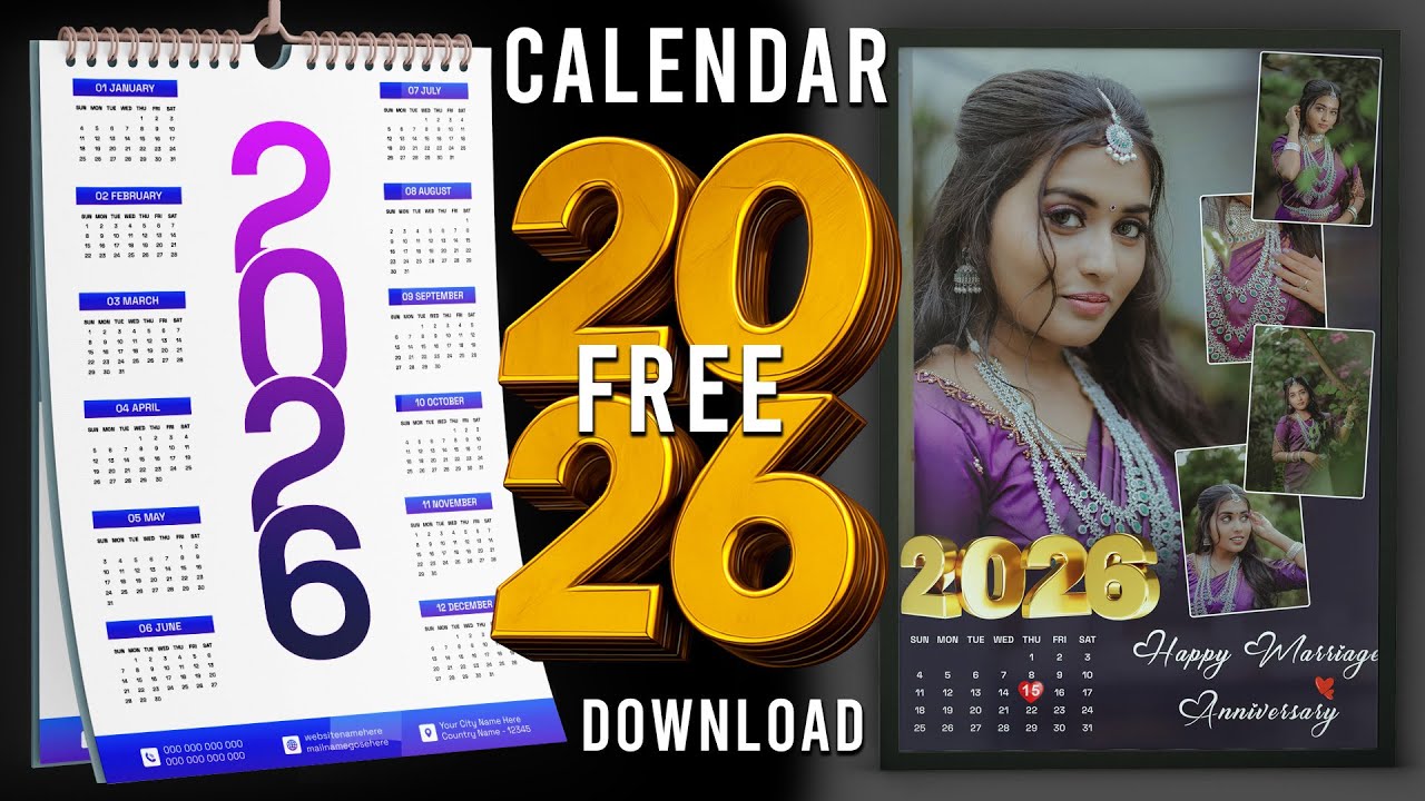 Free 2026 Calendar PSD Download & Add Calendar Custom Photo Collage Design Tutorial
