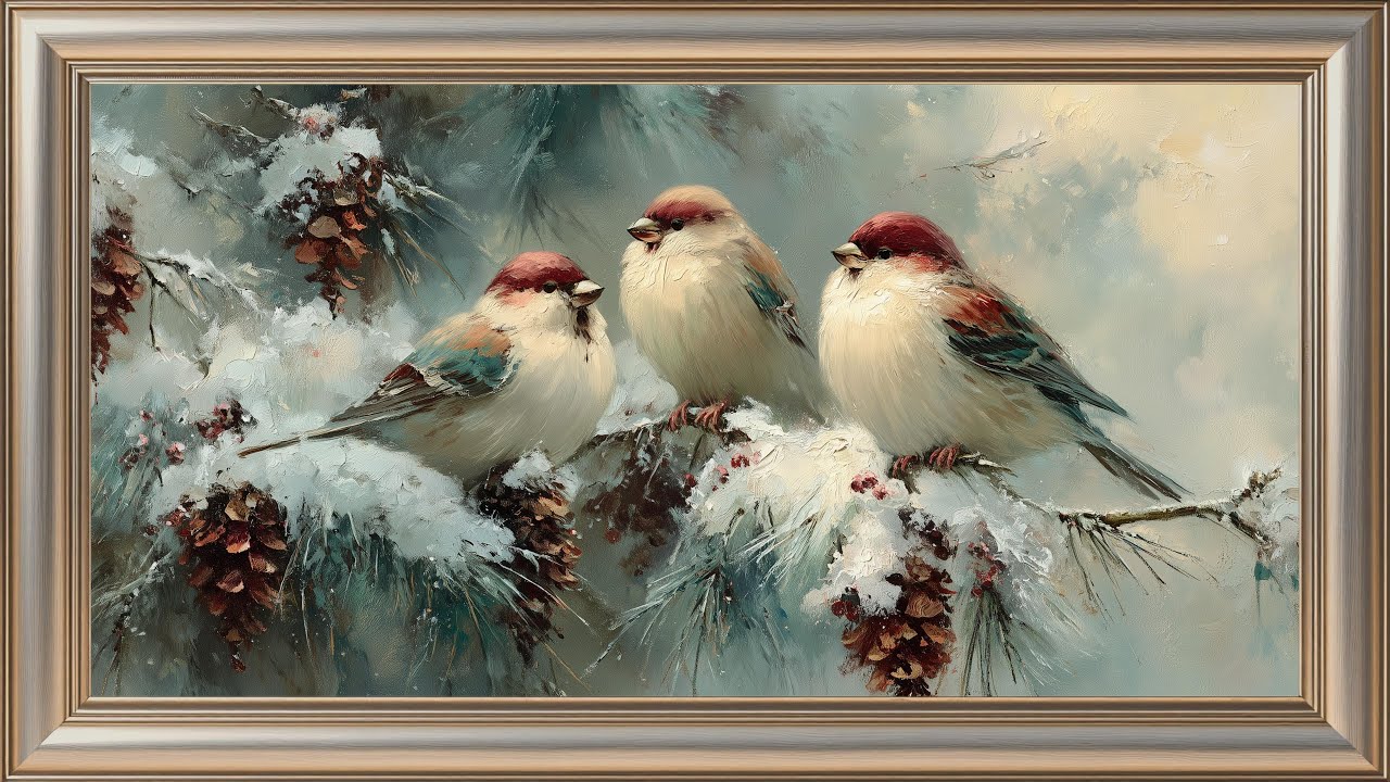 First Snow Serenity | Tranquil Snowbird Painting | 4K Frame TV Art Screensaver | Cozy Winter Decor