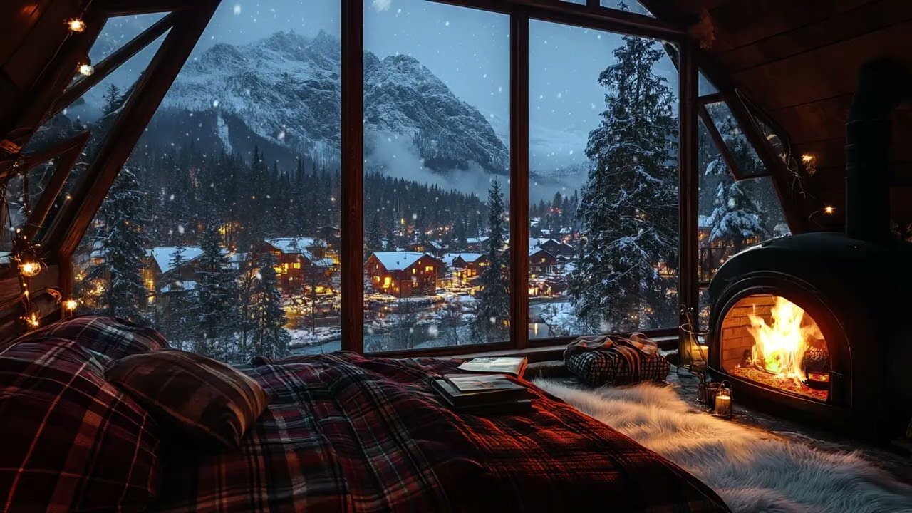 Cozy Winter Night Ambience ❄️ Gentle Snowfall & Warm Fireplace Glow by the Cabin for Deep Relaxation