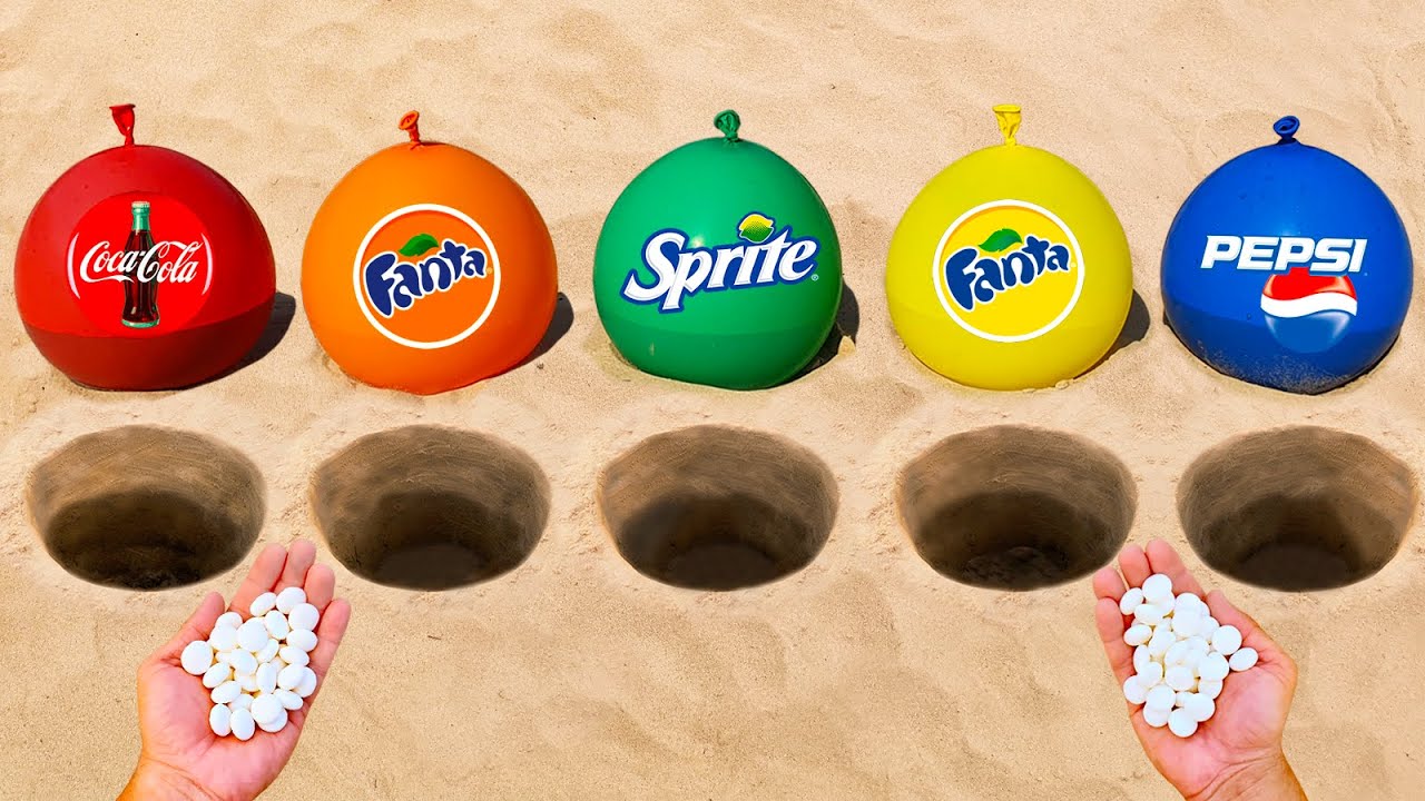 Experiment! Coca Cola, Pepsi, Fanta, Sprite - Luftballons und Mentos unter der Erde